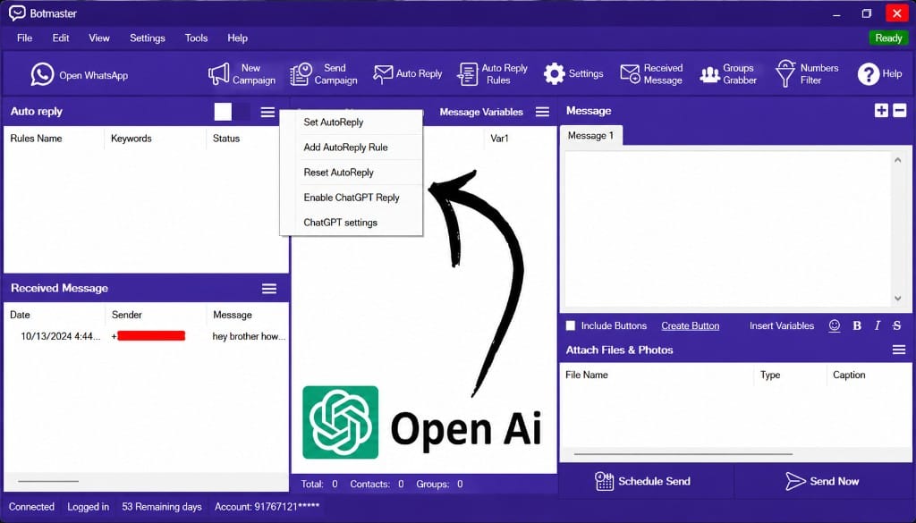 BotMaster software showing ChatGPT AI-powered auto reply integration