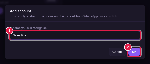 Add account window with a name typed in and the OK button marked
