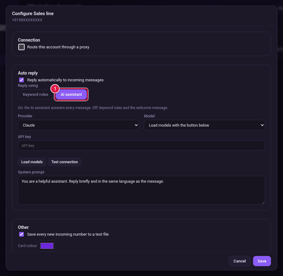Configure window with the AI assistant button marked and the provider fields below