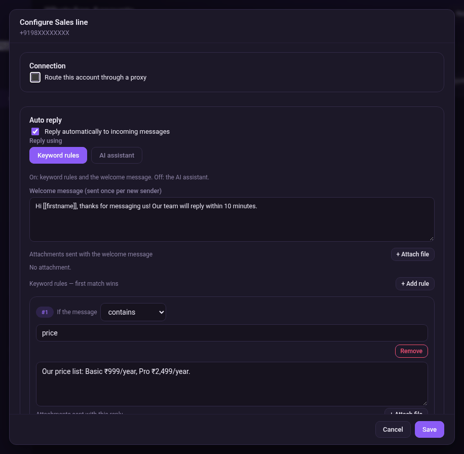 Auto reply section with a welcome message and a price rule