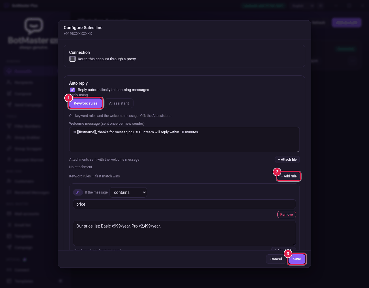 Configure window with the Keyword rules button, Add rule and Save marked