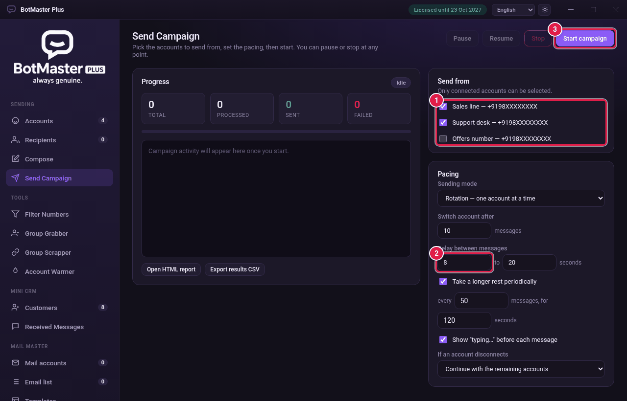 Send Campaign page with Send from, Delay between messages and Start campaign marked