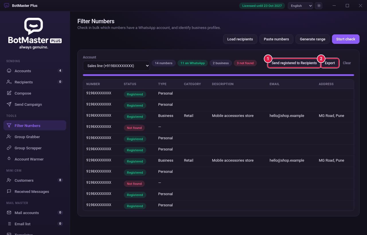 Results with Registered and Not found numbers, and Send registered to Recipients and Export marked