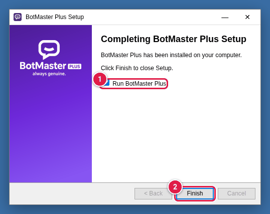 Last setup screen with Run BotMaster Plus ticked and the Finish button marked