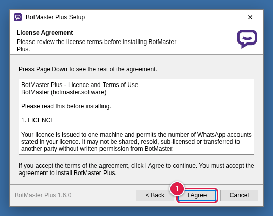 Licence agreement screen with the I Agree button marked