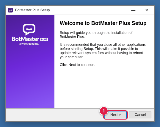 Setup wizard welcome screen with the Next button marked