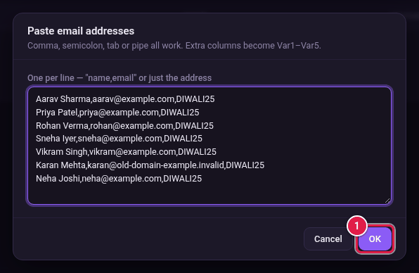 Paste email addresses window with names, emails and a code