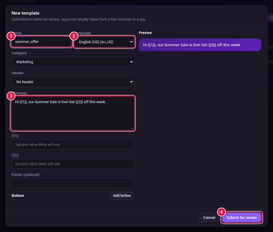 New template form with name, language, category, header, message and preview