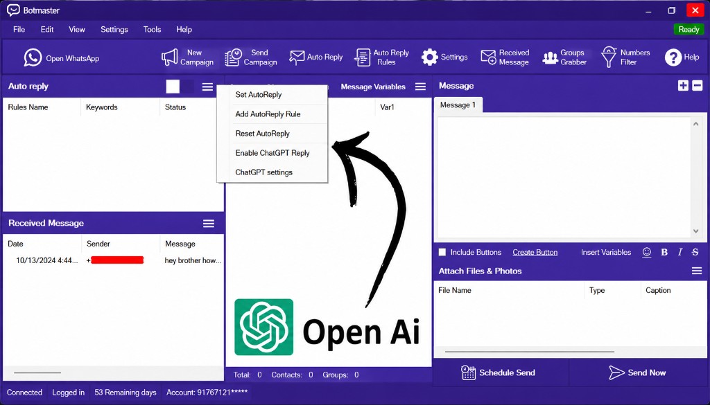 BotMaster software showing ChatGPT AI-powered auto reply integration